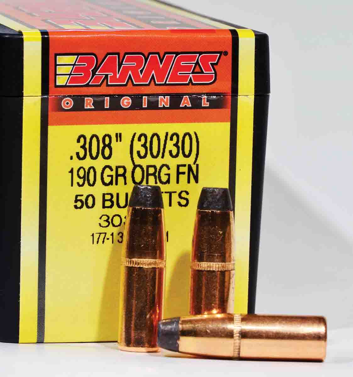 The Barnes 190-grain Original bullet, seated to the cannelure, is a perfect fit in the Savage 99 box magazine. Limitations of the  magazine restrict the use of spitzer bullets.
